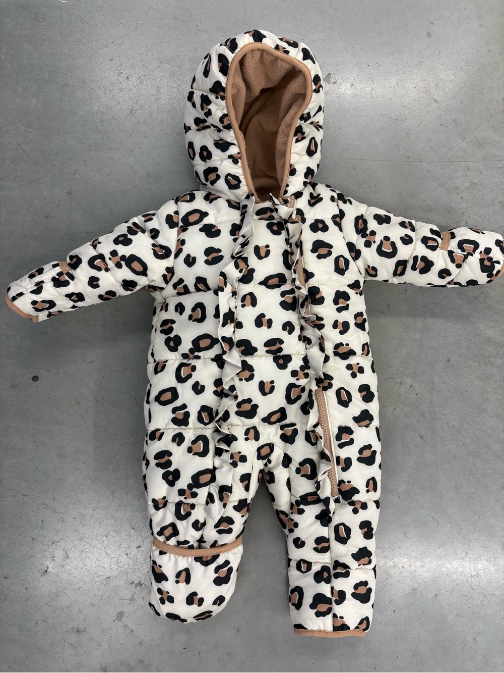 Petit Lem White Leopard Print Puffer One-Piece with Tan Accents 6 months